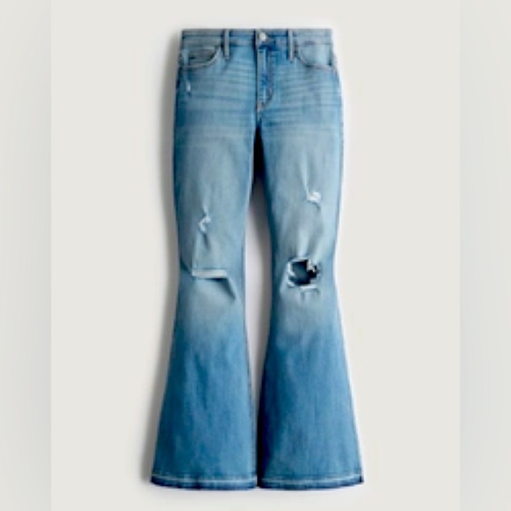 Hollister High-Rise Ripped Medium Wash Flare Jeans